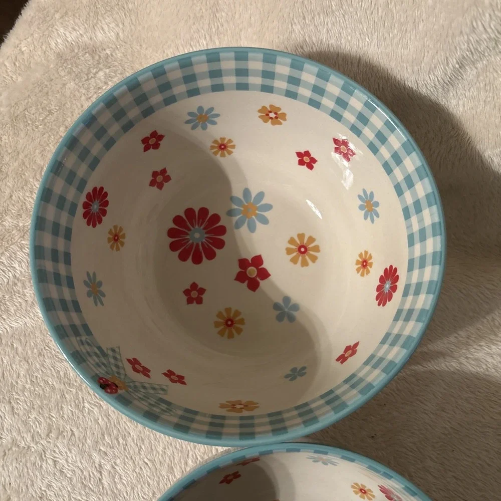 Temptations Blue Gingham Gardens 1.5 & 2 QT Oven Safe Ceramic Bowls